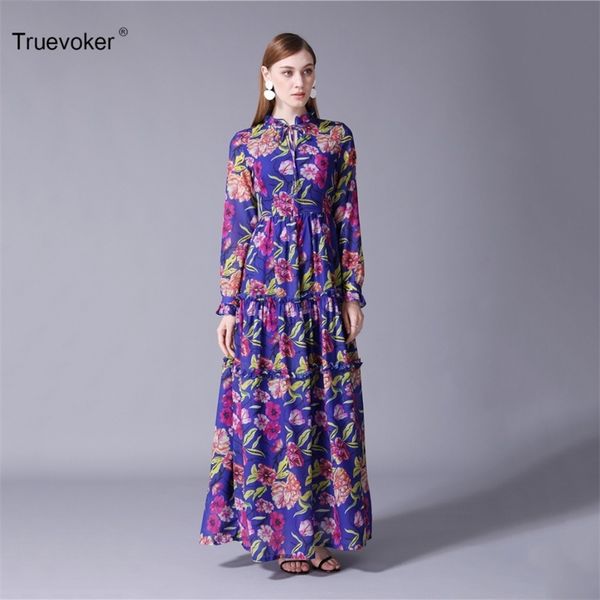 

truevoker autumn designer maxi dres's long sleeve multicolor floral printed ruffle patchwork 210602, Black;gray
