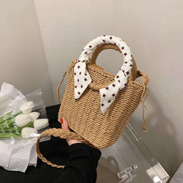 

fashionable silk scarf hand woven bucket bag women's straw in summer 2021