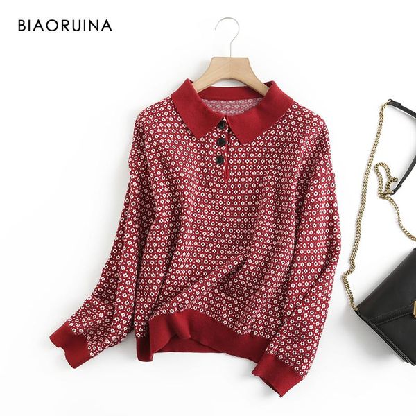 

women's sweaters biaoruina floral jacquard loose sweet knitted pullover turn-down collar female preppy style autumn sweater, White;black