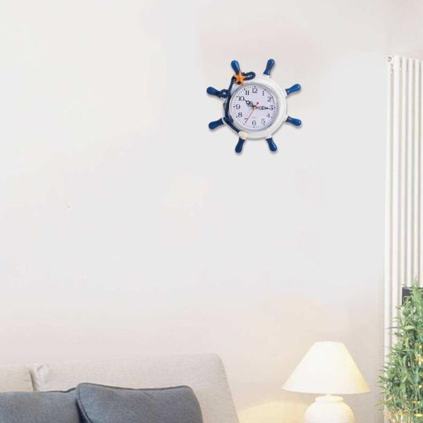 

1pc wall clock wooden mediterranean helmsman without battery for home (blue) clocks