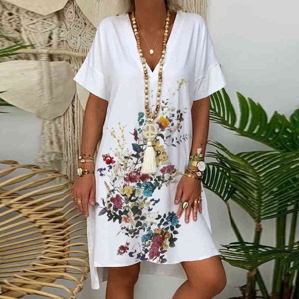 

women's t-shirt women summer short sleeve v neck loose deep flowers print ladies long tees casual irregular plus size k8, White