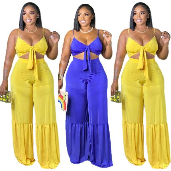 

plus size tracksuits butterfly connection sling two-piece suit women solid color straight wide leg trousers 2021 summer style, Black