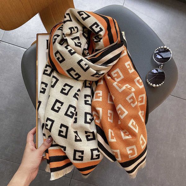 

2021 autumn female winter letter imitation cashmere double-sided thickened warm scarf summer air conditioning shawl, Blue;gray