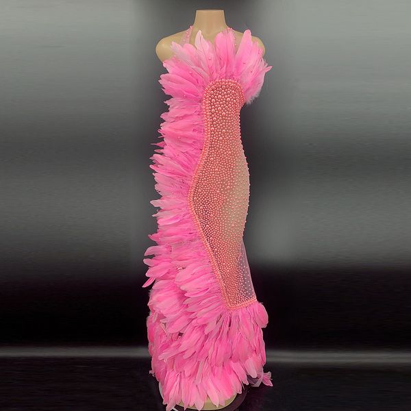 

luxury crystal feathers see through mesh pink female long dress evening prom wedding bithday party dress singer stage wear, Black;red