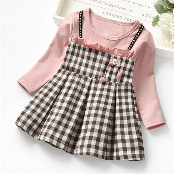 

40 baby kids girls girl dress long sleeved rivet frilly plaid print stitching suspenders fake two piece princess, Red;yellow