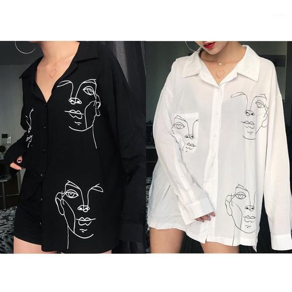 

female autumn long sleeve casual loose shirts button plus size boyfriend wear harajuku women streetwear print blouse, White