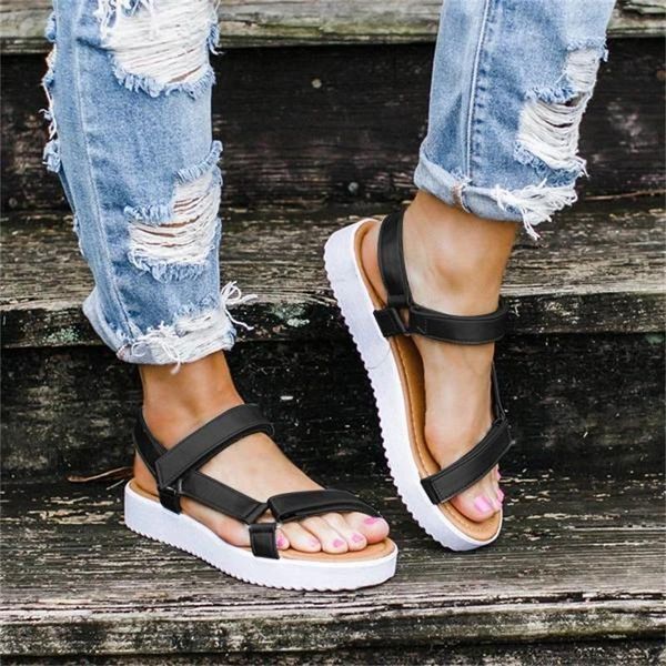

women flat sandals 2021 summer solid color casual ladies shoes comfortable round toe sole beach female sandal, Black