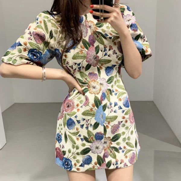 

flower dress puff short sleeve linen mini summer spring party white vintage elegant red office korean blue vestido women 210601, Black;gray