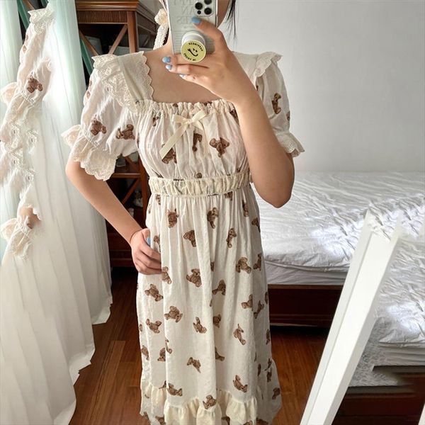 

kawaii cartoon print summer nightgown womens sleepwears korean cute bear long loose homewear lace patchwork ruffles, Black;red