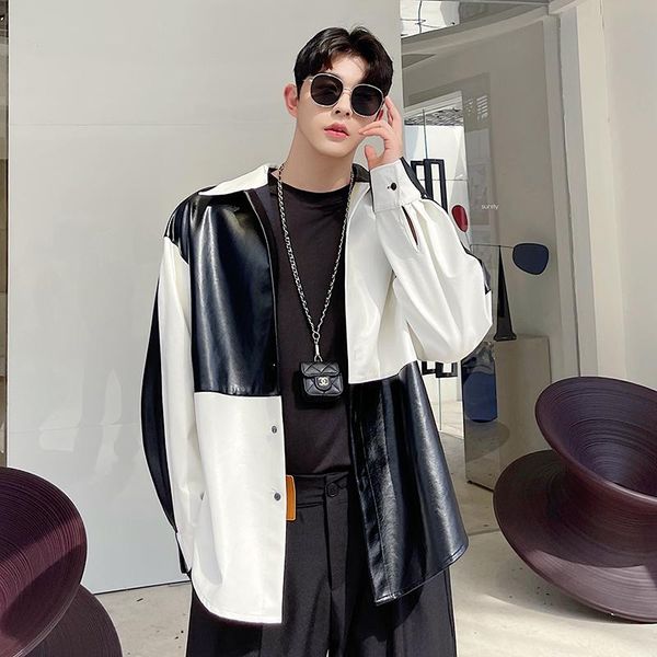 

men's casual shirts black white checkerboard plaid shirt men streetwear fashion loose long sleeve vintage leather jacket male coat, White;black