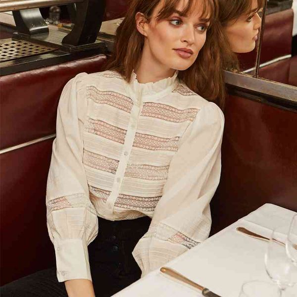 

women's blouses & shirts lace patchwork women blouse ruffles transparence long sleeve button up shirt elegant chic hauts vetem, White
