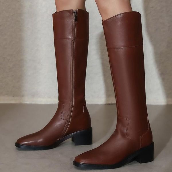 

boots women's genuine leather thick med heel side zip winter warm plush knee high square toe casual female comfortable shoes, Black