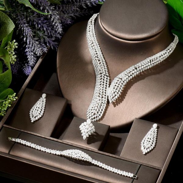 

earrings & necklace hibride geometric sparkling fancy big women wedding jewelry sets for bridal cubic zirconia 4pcs set de collar y aretes n, Silver