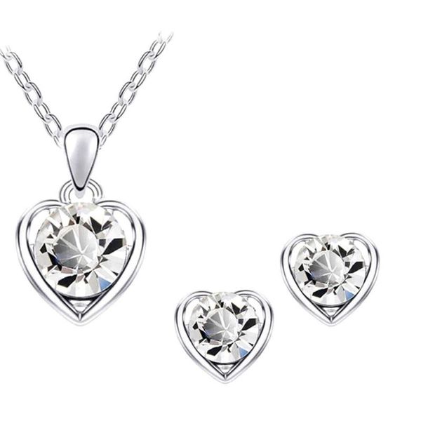 

earrings & necklace women rhinestone heart pendant chain stud party jewelry set, Silver