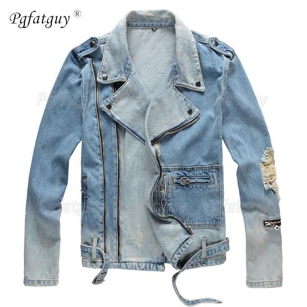 

men's holes ripped blue jean biker jacket for motorcycle streetwear zippers denim coat outerwear retro blue ripped men jacket, Black;brown