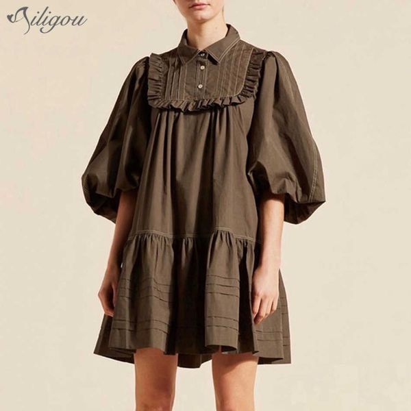 

fall retro loose bubble half sleeve ruffled fashion lapel mini dress celebrity runway club party vestidos 210527, Black;gray