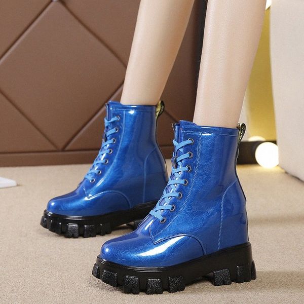 

rimocy new chunky platform ankle boot for women waterproof hidden wedge winter shoes woman thick fur patent leather boots mujer l6bc#, Black