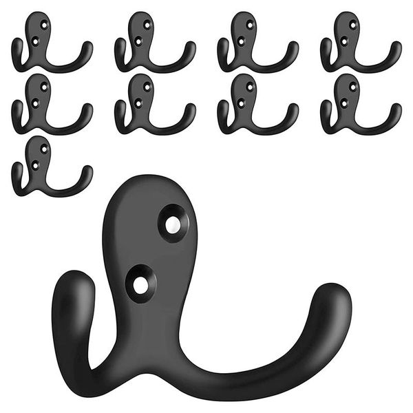 

hooks & rails 10 pack double prong robe towel wall for towels hanger holder, bathroom accessories black