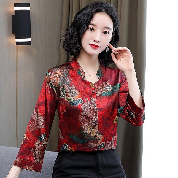 

women's blouses & shirts houthion silk buttons shirt slim retro blouse floral spring/autumn fashion long sleeve top, White