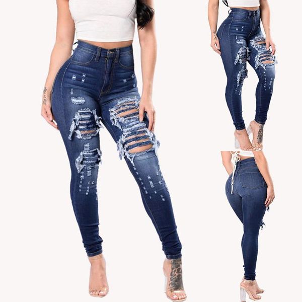 

women high-waist stretch skinny jeans featuring slim retro washed ripped hole gradient detailing elastic slim pencil trousers, Blue