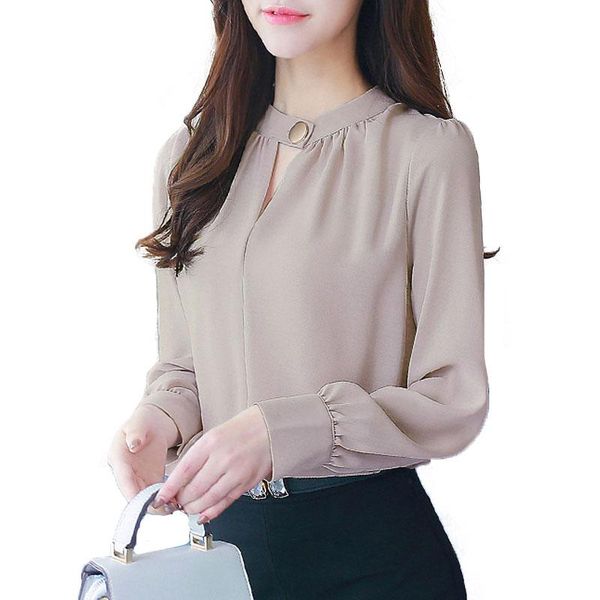 

women's blouses & shirts volocean 2021 chiffon women solid blouse casual shirt blusas kimono hem long-sleeve stand tee, White