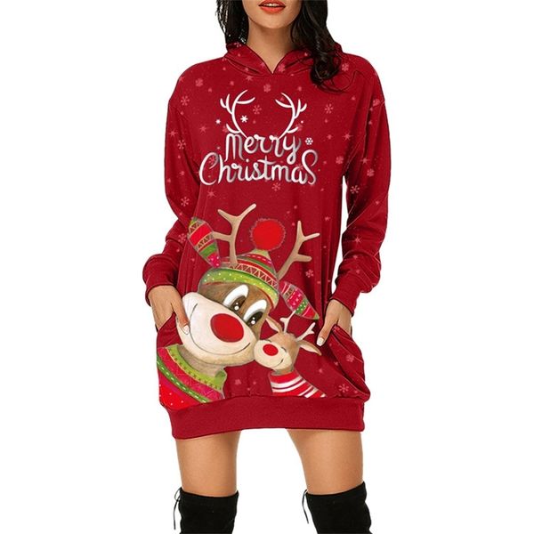 

2021 new women's casual christmas print long sleeve pocket hooded sweater loose dress, Black
