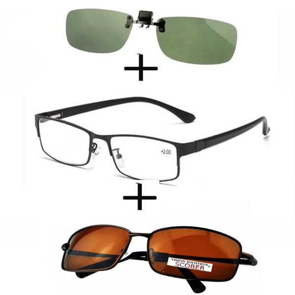 

sunglasses 3pcsrectangular metal black business reading glasses for men women + polarized rectangular clip, White;black