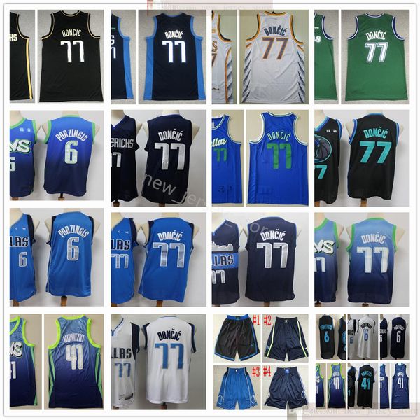 

2021 new green basketball luka dirk 77 doncic 41 nowitzki jerseys kristaps stitched 6 porzingis jerseys blue white city shorts, Black;red