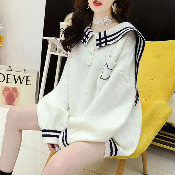 

women's sweaters dayifun sweater oversize solid sailor collar pullover knitted korean fashion jumper preppy loose sweet warm lazy style, White;black