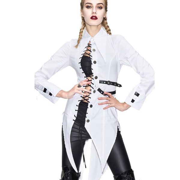 

women's blouses & shirts punk womens blouse unique irregular white cotton with belt slim fit lace up military style casual plus size