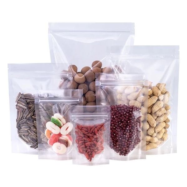 100 pcs lote levantar-se bolsa de plástico Saco transparente transparente do zíper cheirar sacos de armazenamento de alimentos à prova para o lanche chá multi tamanho