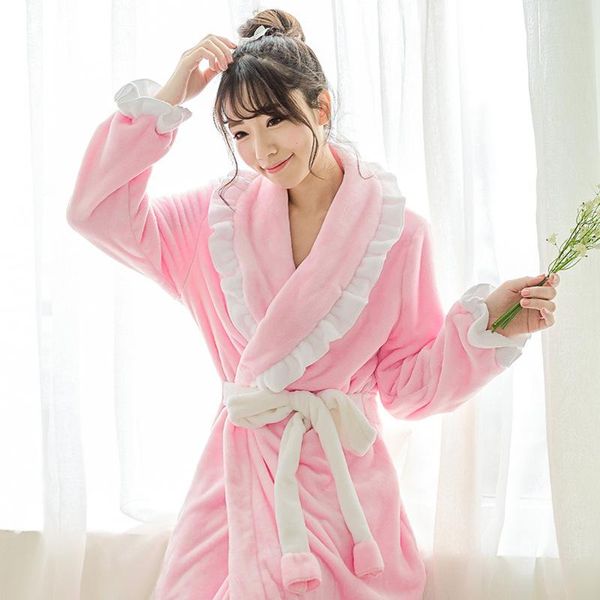 

women's sleepwear autumn and winter ladies warm nightgown flannel mid-length lace home service nightwear bathrobe lounge negligee, Black;red