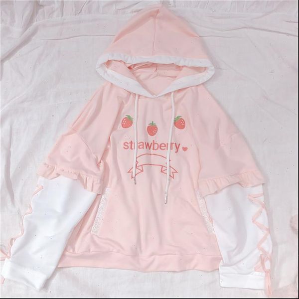 

soft sister cute strawberry embroidery womens hoodies kawaii young girl pullover spring bandage long sleeve hooded sweatshirt, Black