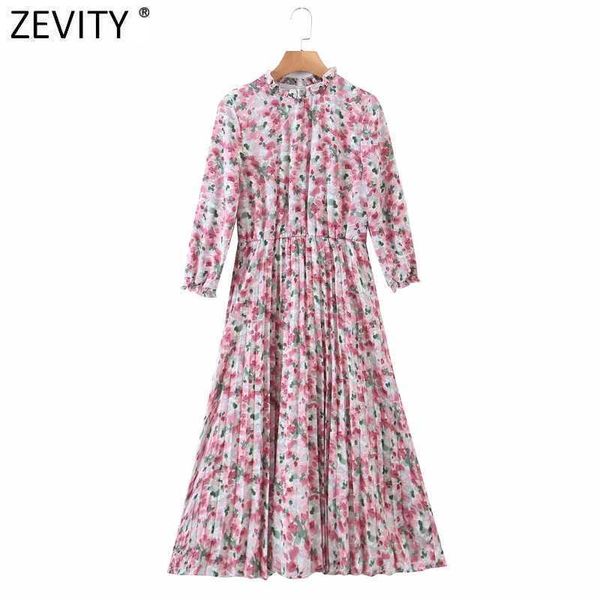 

zevity women sweet agaric lace pink floral print casual pleated midi dress female three quarter sleeve party vestido ds4910 210603, Black;gray
