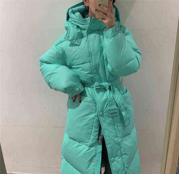 

korean simple belt long knee down jacket women's 2021 new casual waist bread clothing tide ins, Black
