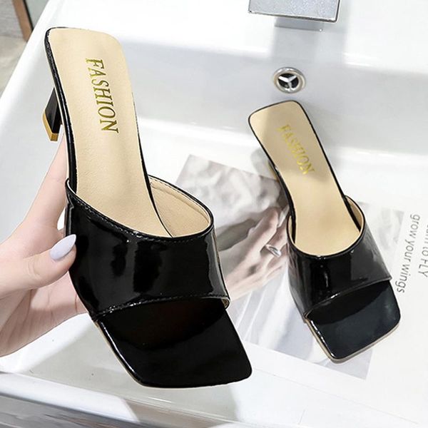 

dress shoes fashion patent leather women sandals 2021 high heels square toe slides slip on summer mules female, Black