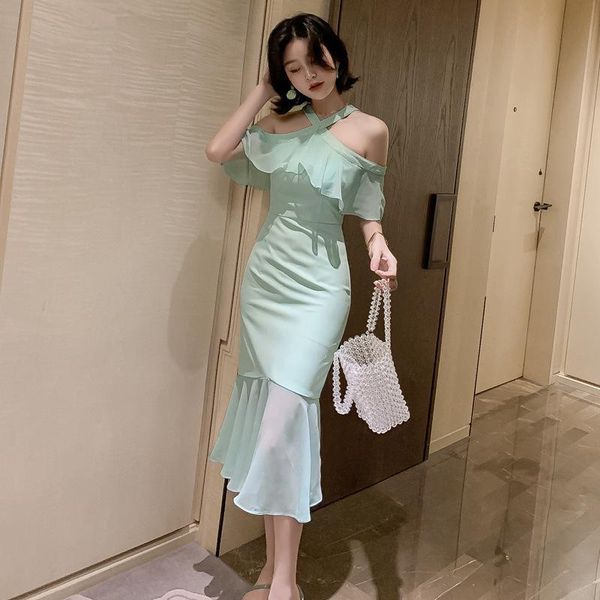 

casual dresses 2021 neck-hanging shoulder flounces chiffon slim maxi long party dress elegant vintage summer clothes for women, Black;gray