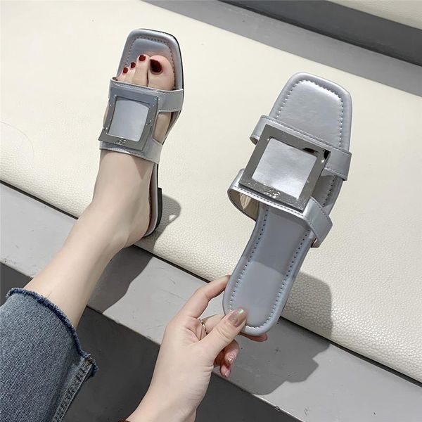 

slippers women's sandals fashion concise open toe summer shoes comfortable beach metal decoration zapatos de mujer, Black