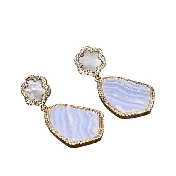 

jk natural chalcedony white mop flower cz pave stud earrings, Golden
