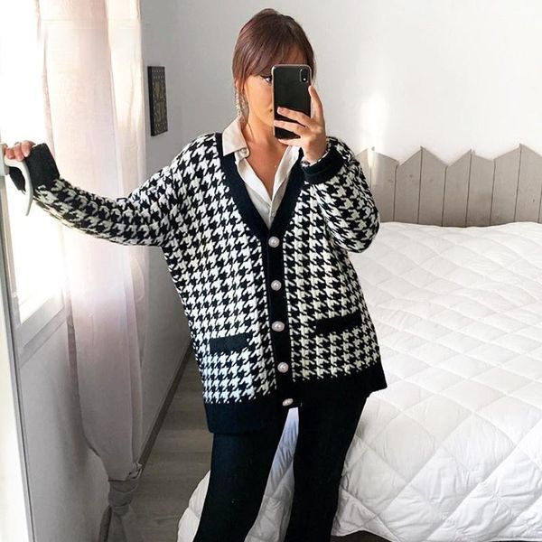 

women's knits & tees knitted sweater long sleeve women knit coat v-neck button houndstooth cardigan jacket black loose womens jumper au, White