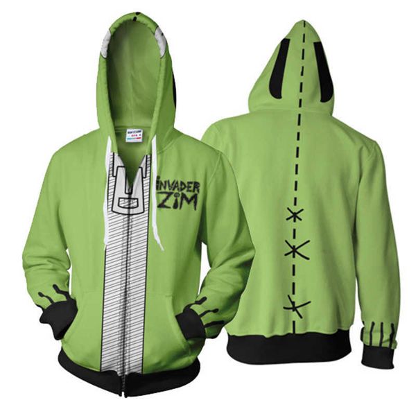 Anime Invader ZIM Hoodie Roboter Gir Cosplay Kostüm Casual Zipper Jacken Sweatshirts Y0903