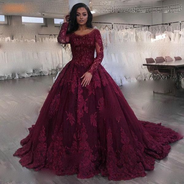 

customized long sleeves ball gown lace evening dresses with appliques sweep train scoop neck formal prom party gowns, Black;red