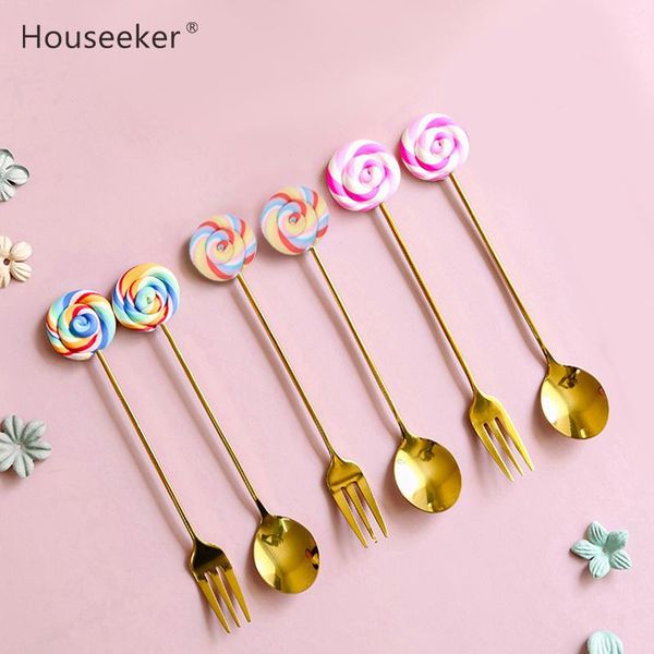 

cute rainbow coffee stirring spoon dining tableware 304 stainless steel golden color ice cream dessert spoon fruit fork