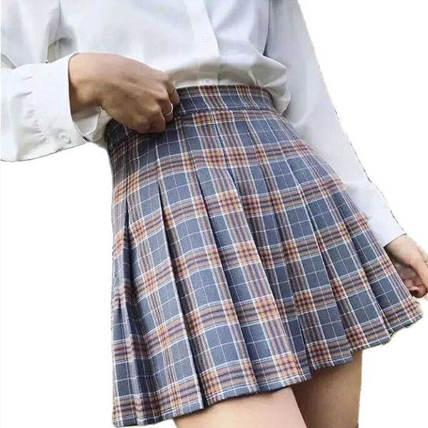 XS-XXL Primavera Estate Autunno Donna Gonne Studente Ragazza A pieghe Vita femminile Dolce Mini Danza Plaid Nero Bianco Rosa Gonna Y0824