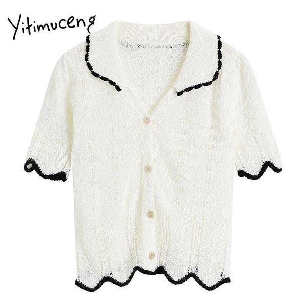 Yitimuceng Aberto Stitch Mulheres Suéteres Hollow Out Highter Summer Unicolor White em V-pescoço Coreano Moda Coreana Tops 210601