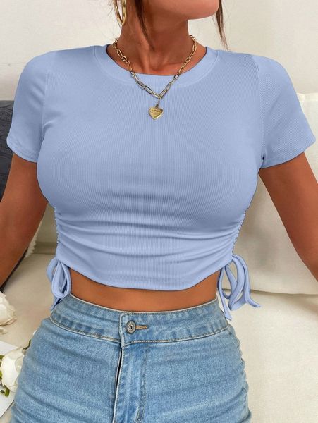 

ruched drawstring knot rib-knit crop tee 96sk#, White