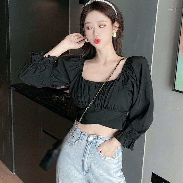 

women backless shirt square collar puff sleeves solid navel exposed chiffon long 2021 clothes women's blouses & shirts, White