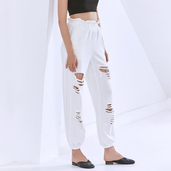 

white patchwork tassel pant for women high waist hollow out hole casual streetwear trouser female 2021 clothing new, Black;white