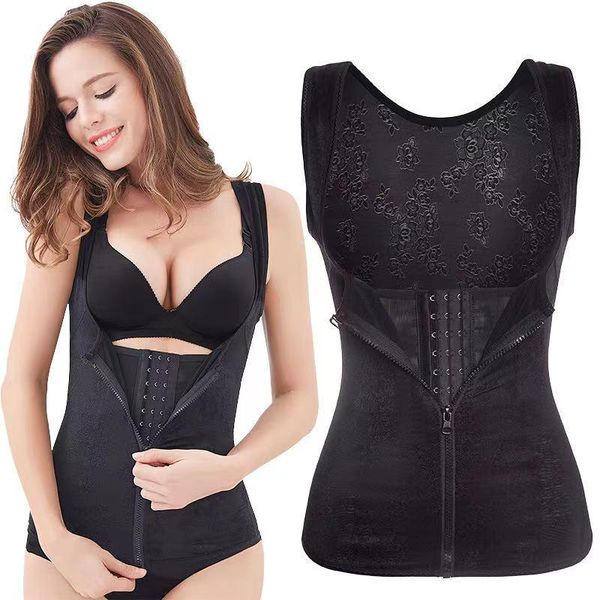 

women's shapers women waist trainer body belt slimming vest ziper hook shapewear tummy control weight loss shaper corset, Black;white