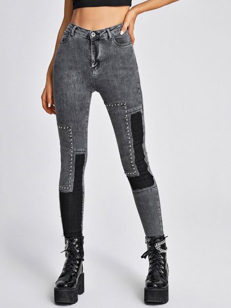 

high waisted colorblock skinny jeans g422#, Blue